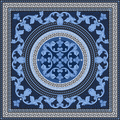 Blue Baroque scrolls, indigo Greek key pattern frieze, silver chain, meander border, floral swirls on a blue and black leopard skin background 