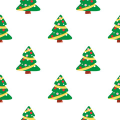 Vector pattern with Christmas trees with Christmas toys, Christmas in cartoon style, festive pattern for postcards, decoration, gift wrapping