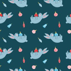 Vector pattern with cute gray rabbits and Christmas tree toys, cartoon-style Christmas, symbol of the year, festive pattern for postcards, decoration, gift wrapping