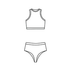 Swimwear women's clothing collection badges vector. Glamor beach suit, women's bikini, underwear for swimming, women's beachwear concept line icons. Monochrome Contour Illustrations