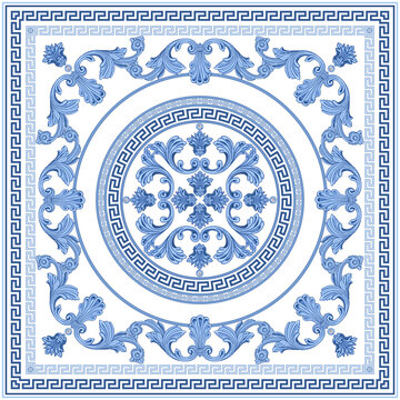 Shawl with blue Baroque scrolls, indigo Greek key pattern frieze, meander border, floral swirls on a white background 