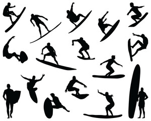 Fototapeta na wymiar Black silhouettes surfers on a white background