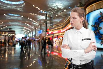 Female security guard wearing uniform in shopping mall