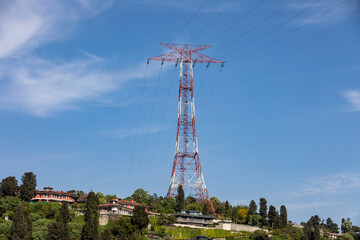 Power line tower on  shore of  Bosphorus