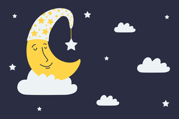 Сrescent moon sleeps on a cloud. Cartoon night sky, clouds and stars background. Vector illustration.