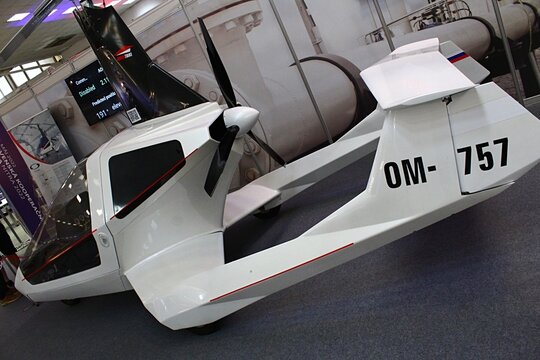 Rear part of modern gyrocopter Nisus with visible  rear and part of main propeller displayed on International Engineering Fair in Nitra, Slovakia