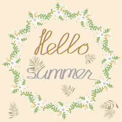 banner hello summer frame of flowers on a light background