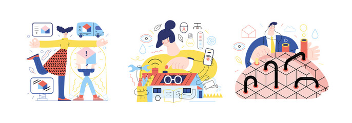 Technology Memphis illustrations -modern flat vector concept digital illustration on Marketing and Promotion, Intelligent building, Artificial intelligence. Creative landing web page illustrations set