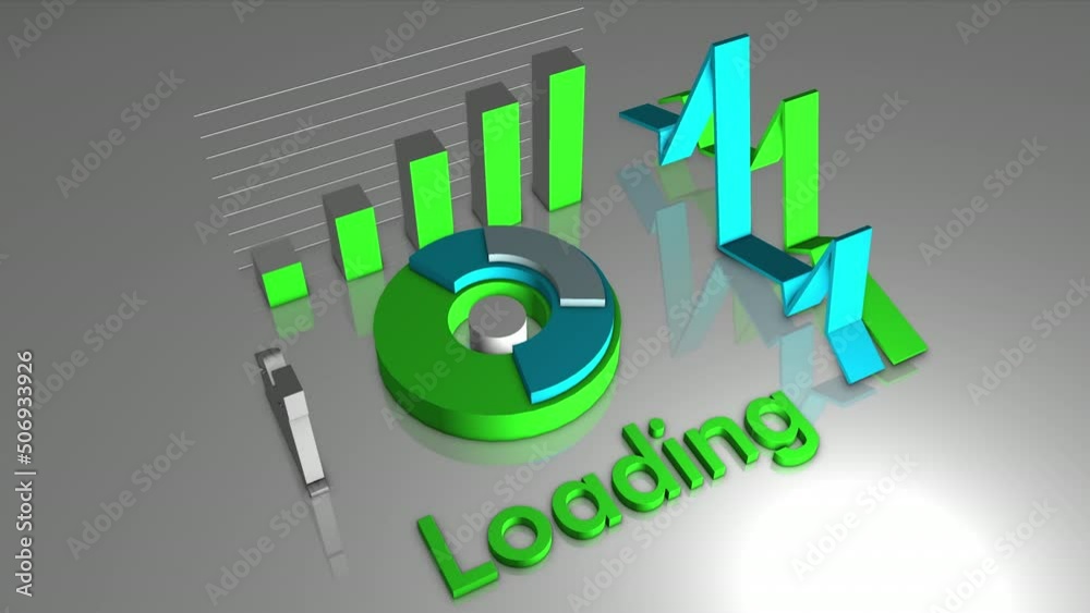 Poster abstract graphs and loading inscription. motion. round shaped diagram surrounded by graphics and a w
