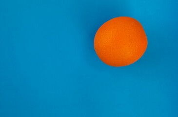 One orange close-up on a blue background on the side in the corner. Free space for text. Bright postcard or background in a minimalist style.