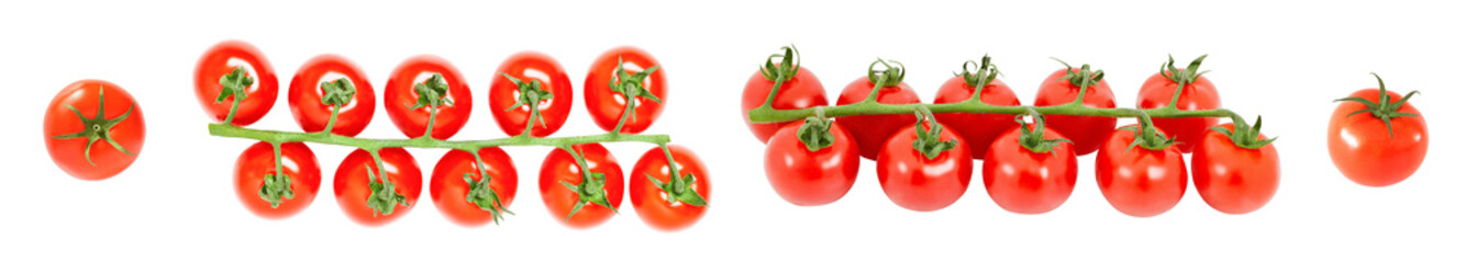 Cherry tomatoes on branch and separately isolated on white background, element of packaging design. Full depth of field.