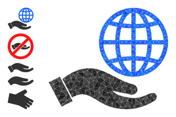 Vector lowpoly peace offer hand icon illustration combined with scattered filled triangles. Triangle peace offer hand polygonal icon vector illustration.