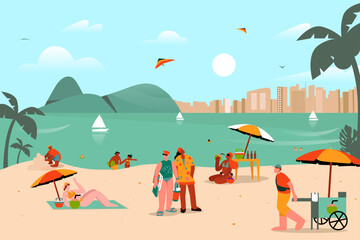 Brasileiros de diversas etnias aproveitam praia do Rio de Janeiro. Arte Vetorial.