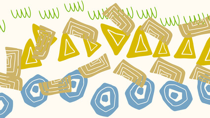 Fantasy messy doodle geometric shapes background. Abstract card, layout.