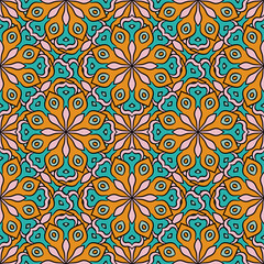 Abstract seamless pattern with mandala flower. Mosaic, tile, polka dot. Floral background.