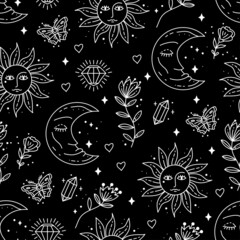 Magic boho symbols seamless pattern. Backdrop of gypsy sacred elements and sign in modern boho style. Minimal line art. Sun, moon, butterfly, crystal