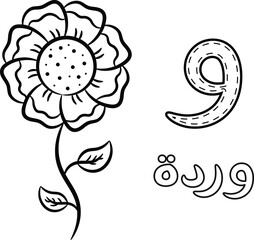 Printable Arabic letter alphabet sketch sheet learning the Arabic letter with flower for coloring