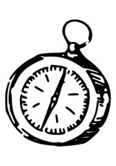 Compass sketch clipart. Summer leisure activities hiking travel doodle isolated on white. Hand drawn vector illustration in engraving style.