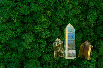 Healing crystals on brown background