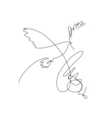 Dove of peace - hand drawn line art of the pigeon - symbol of peaceful life. Flying bird Silhouette in contemporary one-line style. Design for advertising, posters, wall art, stickers