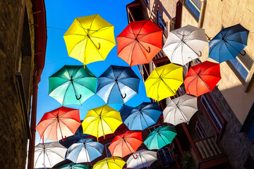 Colorful umbrellas in old Quebec