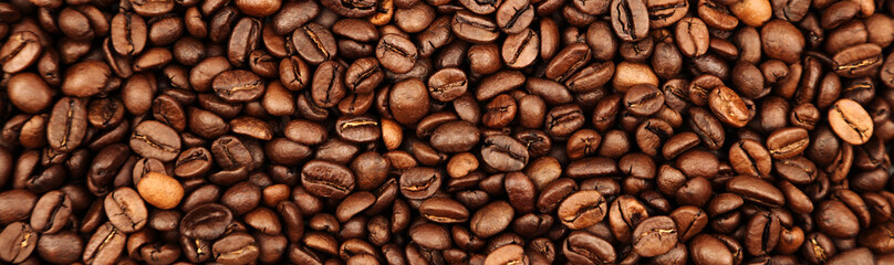 Close-up of roasted brown coffee beans wide background
