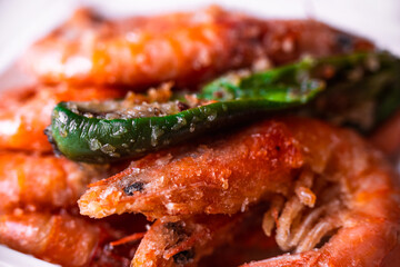 Fried king shrimps close-up, tasty, crispy, large, photo with shallow depth of field. Delicious food concept.