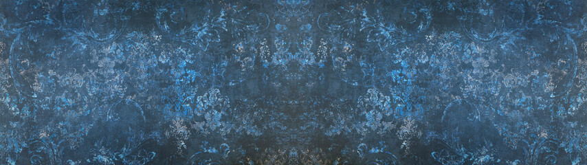 Old blue gray grey vintage worn shabby ornate patchwork motif porcelain stoneware tiles stone concrete cement wall texture background banner panorama