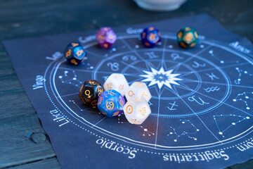 Zodiac horoscope with divination dice - obrazy, fototapety, plakaty