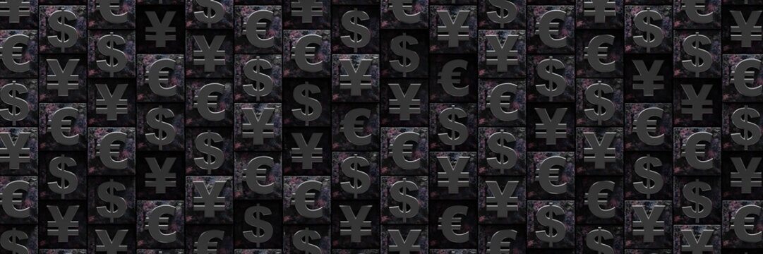 Geometric pattern with a large number of symbols of major world currencies. A business-themed design concept. 3D visualization