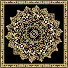 Mandala with frame. Floral seamless pattern. Zigzag mandala. Square frames, borders. Greek key, meanders. Abstract modern zig zag ornaments. Vector ornamental background. Endless ornate texture
