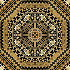 Luxury Greek vector seamless pattern. Repeat golden frames ornamental background. Greek key, meanders ethnic floral ornament.  Geometric modern design with mandalas, hexagon, frames, borders, flowers