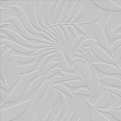 Leafy textured line art tracery 3d seamless pattern. Embossed floral beautiful relief background. Repeat floral white backdrop. Surface leaves, branches. 3d endless ornaments with embossing effect