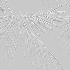 Textured floral line art tracery 3d seamless pattern. Tropical palm leaves relief background. Repeat embossed white backdrop. Surface leaves, branches. 3d endless leafy ornament with embossing effect