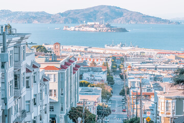 SAN FRANCISCO, USA - OCTOBER 16, 2021, historic skyline, panoramic street view overlooking San Francisco Bay.