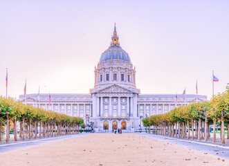 Sunset view of San Francisco City Hall, San Francisco, California, United States of America. Photo processed in pastel colors