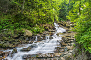 diagonal cascade waterfall in green forest with copy space