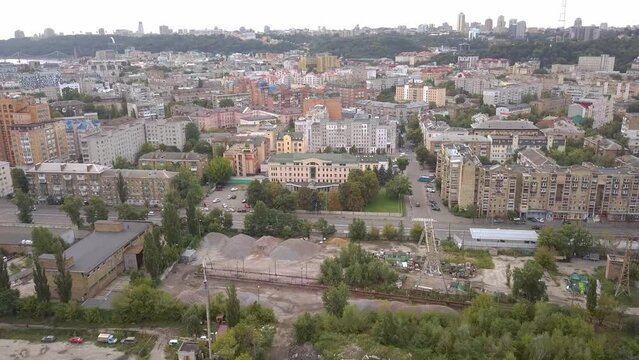 an aerial view of the old podol district in kyiv, ukraine, the city center in autumn