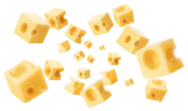 Flying cheese cubes, isolated on white background