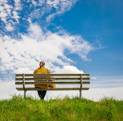 A woman with her dog on the bench in sunny day. Back view of a woman with dog in the park.