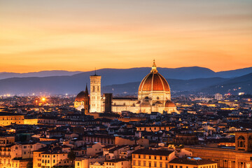Florence Aerial View at Golden Sunset over Cathedral of Santa Maria del Fiore with Duomo