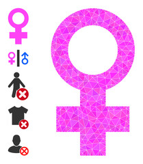 Vector low-poly female sign icon illustration is constructed of chaotic filled triangles. Triangulated female sign polygonal symbol vector illustration.