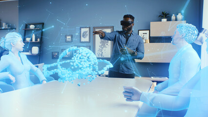 African American man in VR glasses in the cyberspace of the meta universe at a business meeting,...