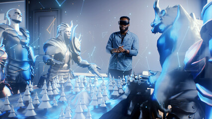 Afro american gamer puts on vr goggles and emotionally discusses with holographic avatars of...