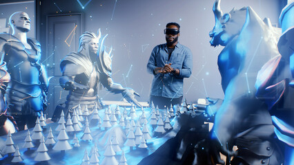 Afro american gamer puts on vr goggles and emotionally discusses with holographic avatars of teammates gaming tournament in meta universe cyberspace © Framestock