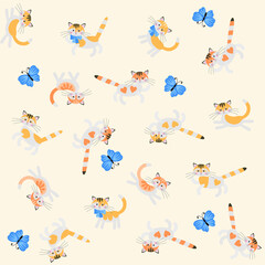 Funny kittens and blue butterflies isolated on a white backgroun