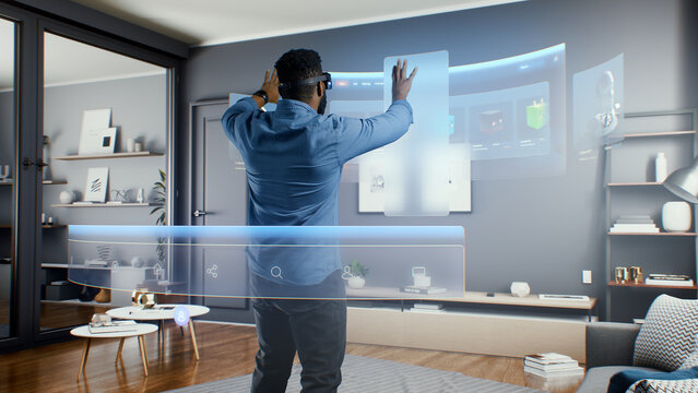 African American man wearing VR glasses uses NFT interface in virtual cyberspace metaverse space