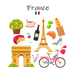 Set of French symbols and landmarks. 
Travel icons croissant and coffee, Triumphal Arch and Eiffel Tower, wine bottle and cheese, women's perfume, etc.