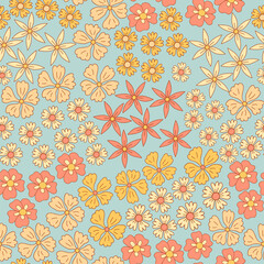 Floral seamless pattern with retro hippie flowers. Vector Illustration with flowers and leaves. Modern vintage.