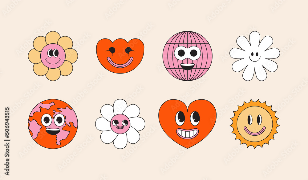 Poster Vector illustration in simple linear style - design templates - hippie, happy and groovy smiley characters